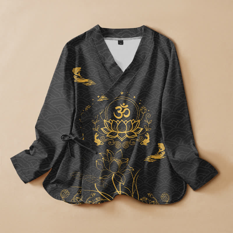 Buddha Stones Baumwoll-Kimono mit Lotus-Om-Koi-Muster, Wickeloptik, V-Ausschnitt und Schnürung, langärmlig, für Damen - Schwarz - US16, UK/AU20, EU48 (3XL) - image 0