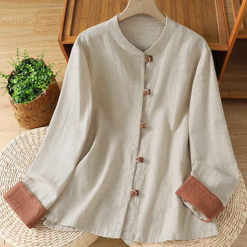 Buddha Stones Lässige Langarmblusen im Tang-Stil mit Stehkragen, einfarbig und kontrastierend für Damen, ideal für Frühling und Herbst. - Beige - US12, UK/AU16, EU44 (3XL) - image 0
