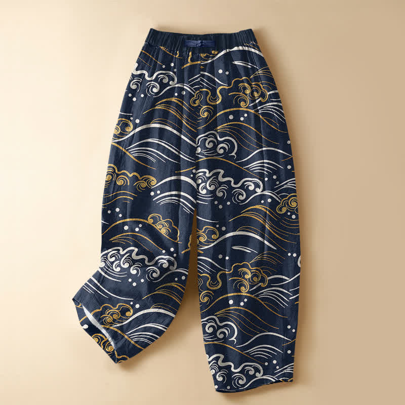 Buddha Stones Damen-Haremshose aus reiner Baumwolle mit Ozeanwellen- und Wolkenmuster, Froschknopfverschluss, elastischem Bund und Taschen - Marine - US16, UK/AU20, EU48 (3XL) - image 0
