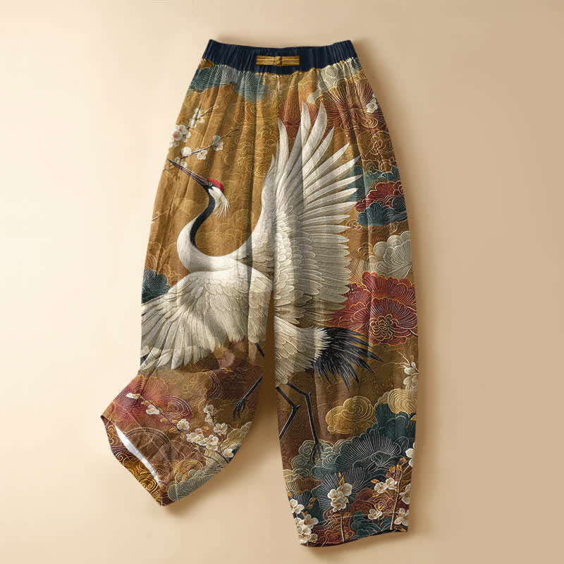 Buddha Stones Damen-Haremshose aus reiner Baumwolle mit Vintage-Kranich- und Wolkenmuster, Froschknopfverschluss, elastischem Bund und Taschen - Dunkelgoldenrod - US16, UK/AU20, EU48 (3XL) - image 0