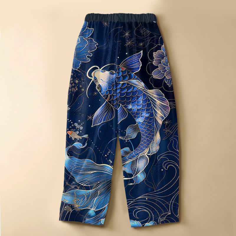 Buddha Stones Damen-Haremshose aus reiner Baumwolle mit Vintage-Koi-Lotus-Muster, Froschknopfverschluss, elastischem Bund und Taschen - image 1