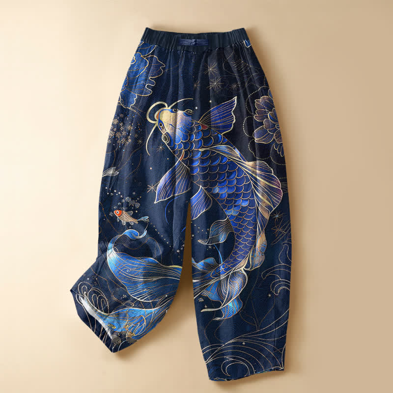 Buddha Stones Damen-Haremshose aus reiner Baumwolle mit Vintage-Koi-Lotus-Muster, Froschknopfverschluss, elastischem Bund und Taschen - Marine - US16, UK/AU20, EU48 (3XL) - image 0