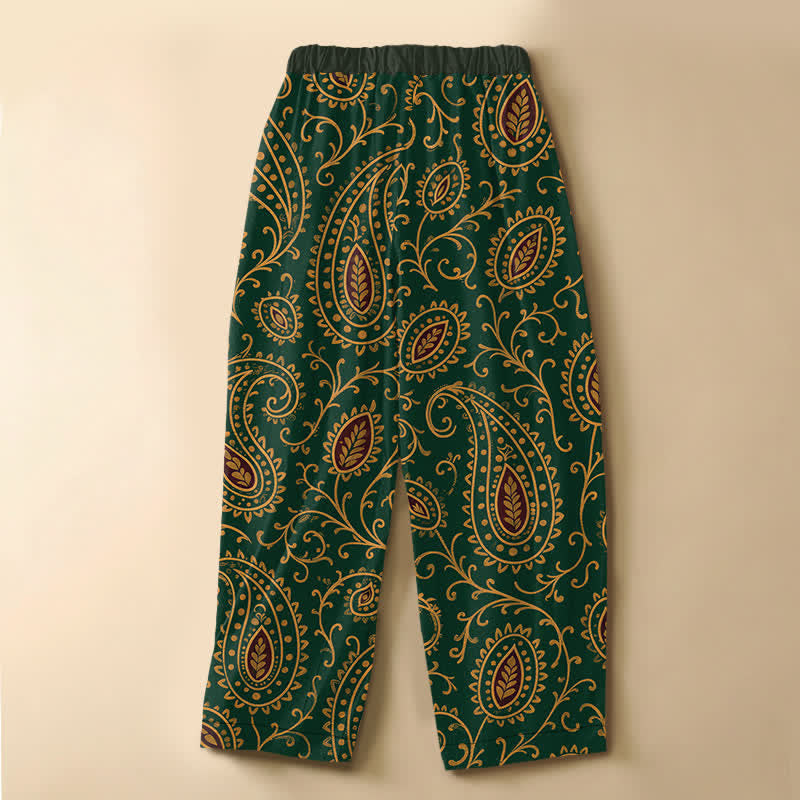 Buddha Stones Damen-Haremshose aus reiner Baumwolle mit Vintage-Blatt-Paisley-Muster, Froschknopfverschluss, elastischem Bund und Taschen - image 1