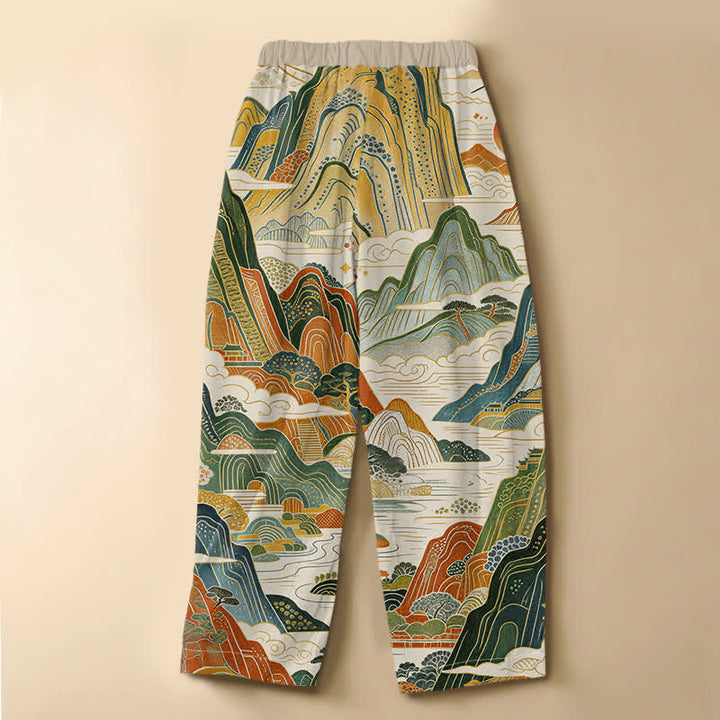 Buddha Stones Damen-Haremshose aus reiner Baumwolle mit Vintage-Berglandschaftsmuster, Froschknopfverschluss, elastischem Bund und Taschen - image 1