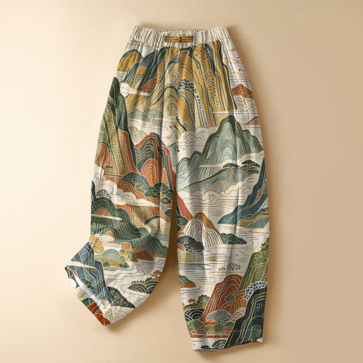 Buddha Stones Damen-Haremshose aus reiner Baumwolle mit Vintage-Berglandschaftsmuster, Froschknopfverschluss, elastischem Bund und Taschen - Elfenbein - US16, UK/AU20, EU48 (3XL) - image 0