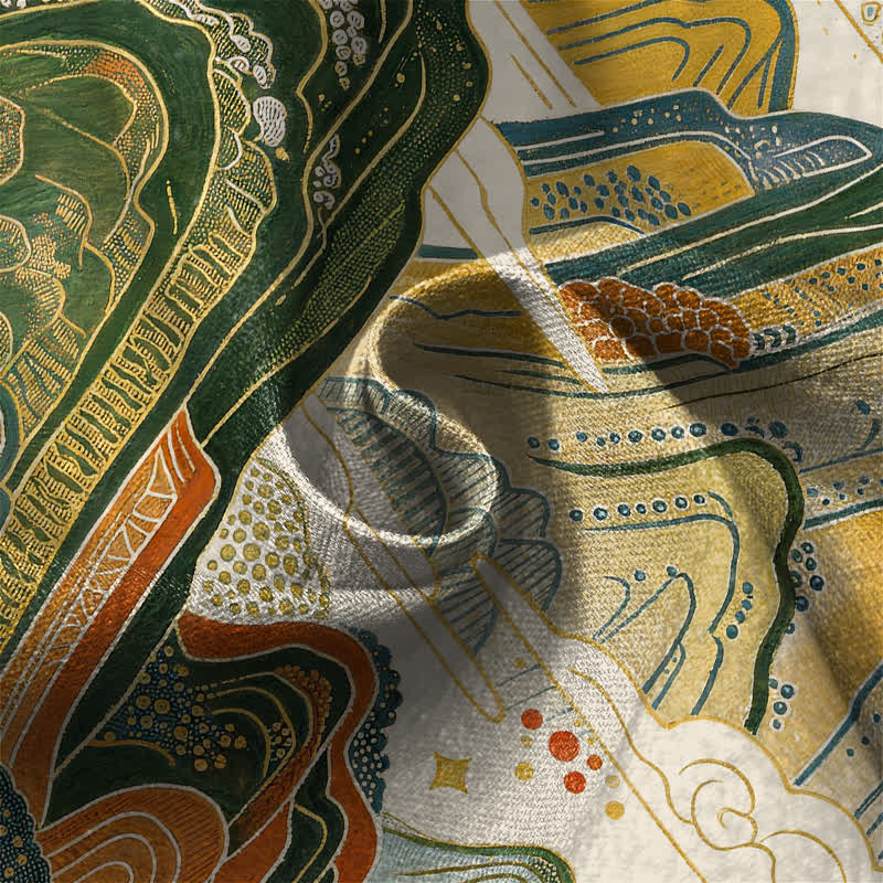 Buddha Stones Damen-Haremshose aus reiner Baumwolle mit Vintage-Berglandschaftsmuster, Froschknopfverschluss, elastischem Bund und Taschen - image 4
