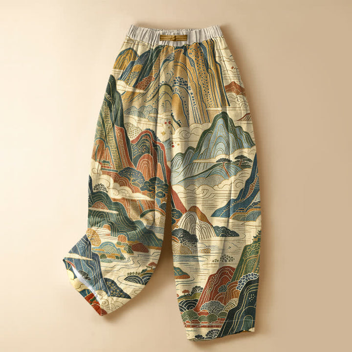 Buddha Stones Damen-Haremshose aus reiner Baumwolle mit Vintage-Berglandschaftsmuster, Froschknopfverschluss, elastischem Bund und Taschen - Beige - US16, UK/AU20, EU48 (3XL) - image 5