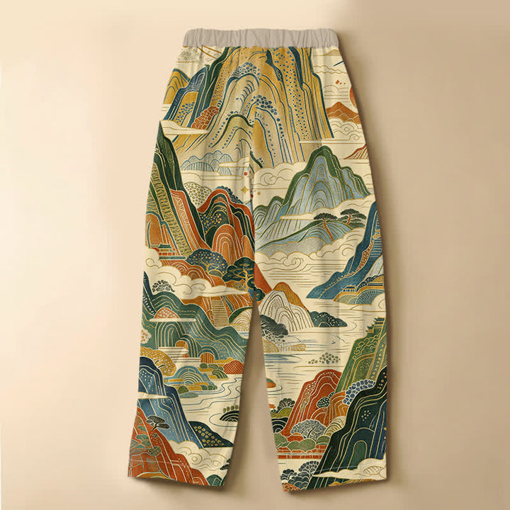 Buddha Stones Damen-Haremshose aus reiner Baumwolle mit Vintage-Berglandschaftsmuster, Froschknopfverschluss, elastischem Bund und Taschen - image 6