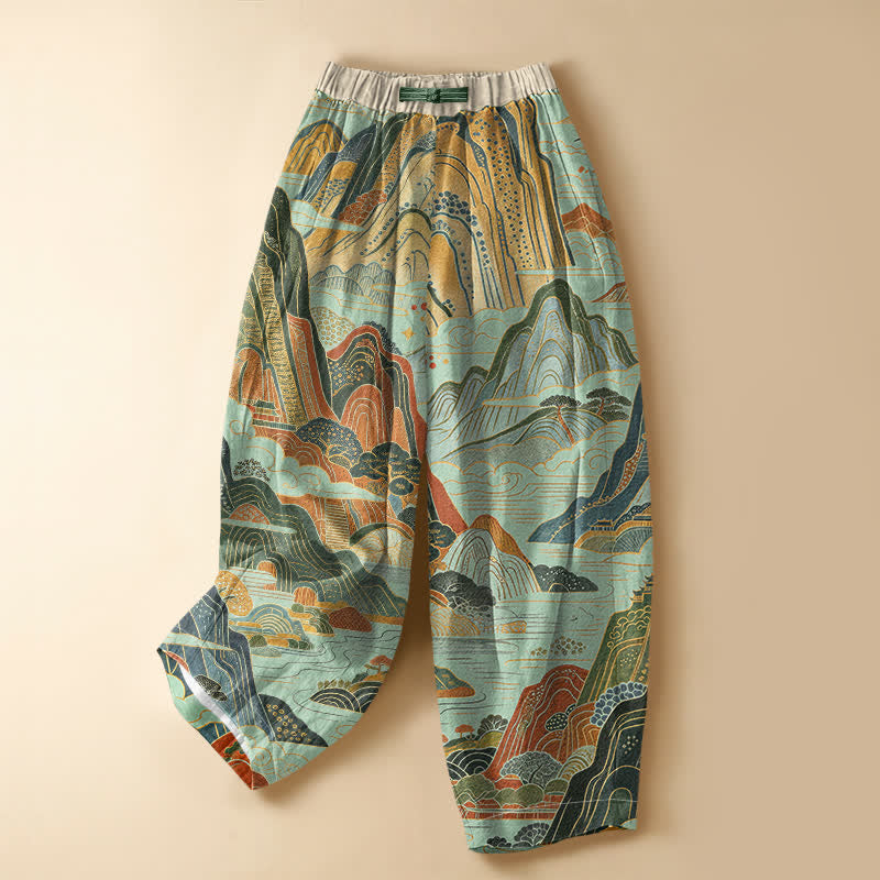 Buddha Stones Damen-Haremshose aus reiner Baumwolle mit Vintage-Berglandschaftsmuster, Froschknopfverschluss, elastischem Bund und Taschen - Aquamarin - US16, UK/AU20, EU48 (3XL) - image 7