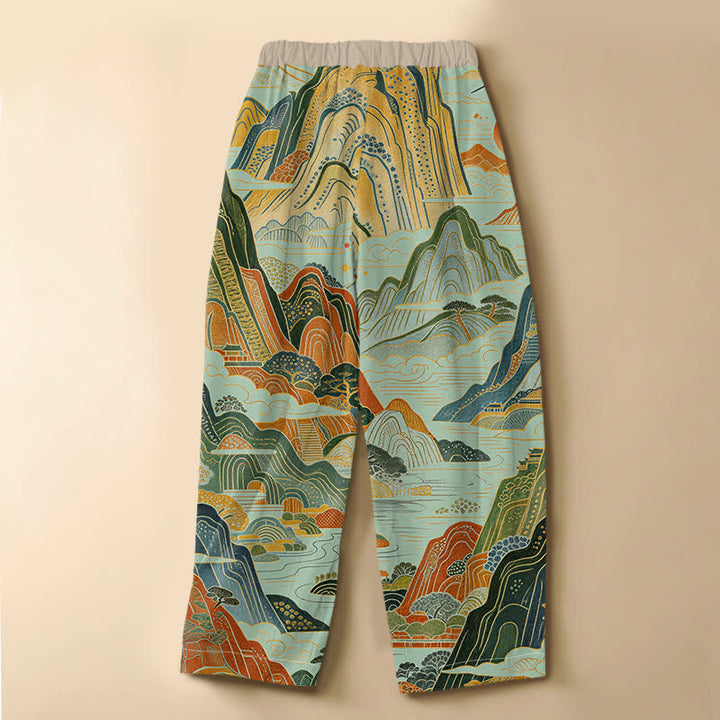 Buddha Stones Damen-Haremshose aus reiner Baumwolle mit Vintage-Berglandschaftsmuster, Froschknopfverschluss, elastischem Bund und Taschen - image 8