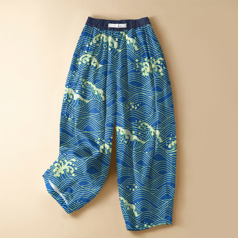 Buddha Stones Damen-Haremshose aus reiner Baumwolle mit Ozeanwellenmuster, Froschknopfverschluss, elastischem Bund und Taschen - DodgerBlue - US16, UK/AU20, EU48 (3XL) - image 0