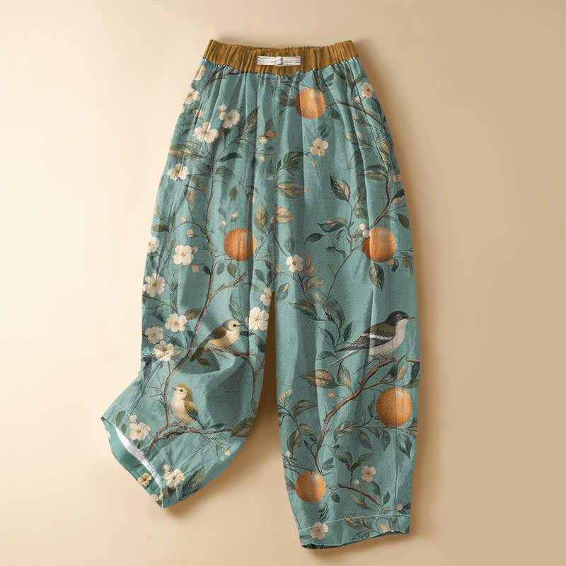 Buddha Stones Damen-Haremshose aus reiner Baumwolle mit Vogelblütenmuster, Froschknopfverschluss, elastischem Bund und Taschen - Dunkeltürkis - US16, UK/AU20, EU48 (3XL) - image 0
