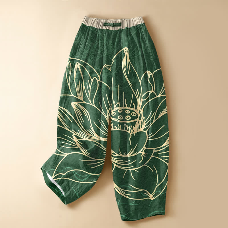 Buddha Stones Reine Baumwolle, künstlerisches Lotus-Linienmuster, Froschknopf, elastischer Bund, Taschen für Damen - Waldgrün - US16, UK/AU20, EU48 (3XL) - image 0
