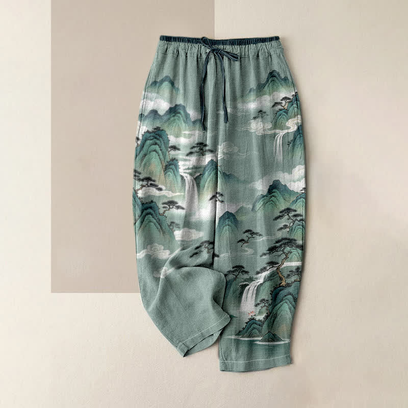Buddha Stones Damenhose aus reiner Baumwolle mit Kiefern- und Berglandschaftsmuster, elastischem Bund und Taschen - Mittel-Aquamarin - US16, UK/AU20, EU48 (3XL) - image 0