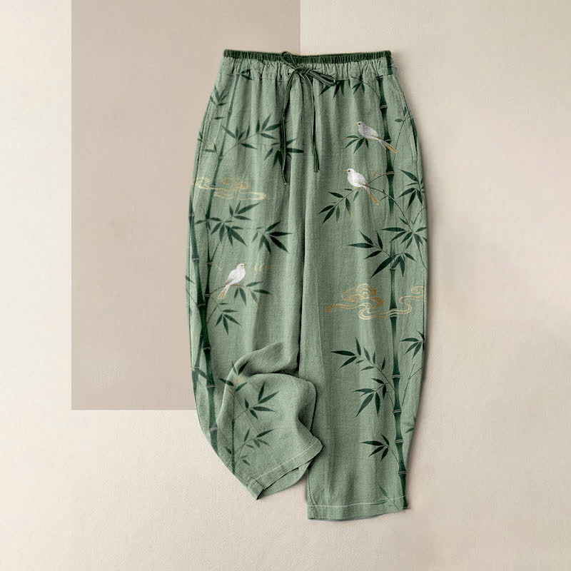 Buddha Stones Damenhose aus reiner Baumwolle mit Bambus-Vogelmuster, elastischem Bund und Taschen - Olivgrün - US16, UK/AU20, EU48 (3XL) - image 0