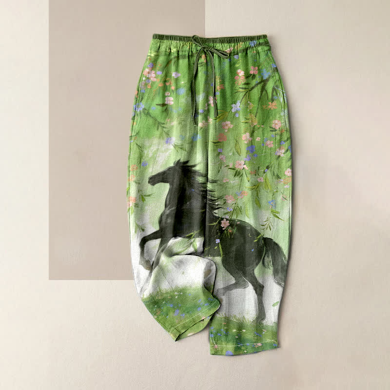 Buddha Stones Damenhose aus reiner Baumwolle mit galoppierendem Pferd und Blumenmuster, elastischem Bund und Taschen - Limettengrün - US16, UK/AU20, EU48 (3XL) - image 0