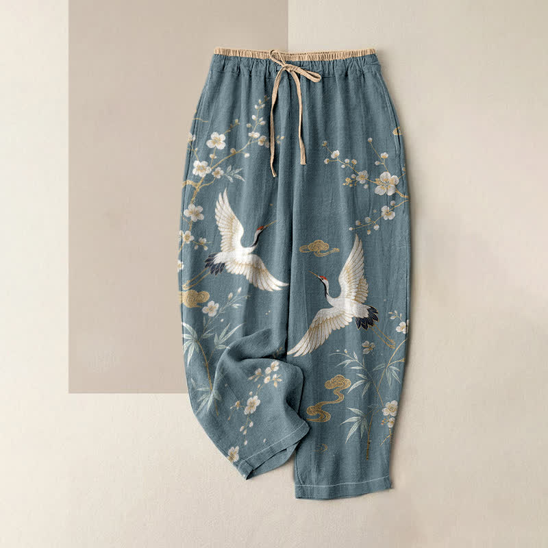 Buddha Stones Damenhose aus reiner Baumwolle mit Vintage-Kranich- und Wolkenmuster, elastischem Bund und Taschen - Kadettenblau - US16, UK/AU20, EU48 (3XL) - image 0