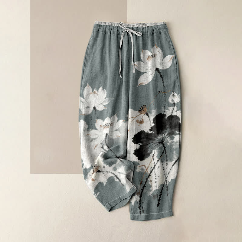 Buddha Stones Damenhose aus reiner Baumwolle mit Lotusmuster, elastischem Bund und Taschen - Hellschiefergrau - US16, UK/AU20, EU48 (3XL) - image 0