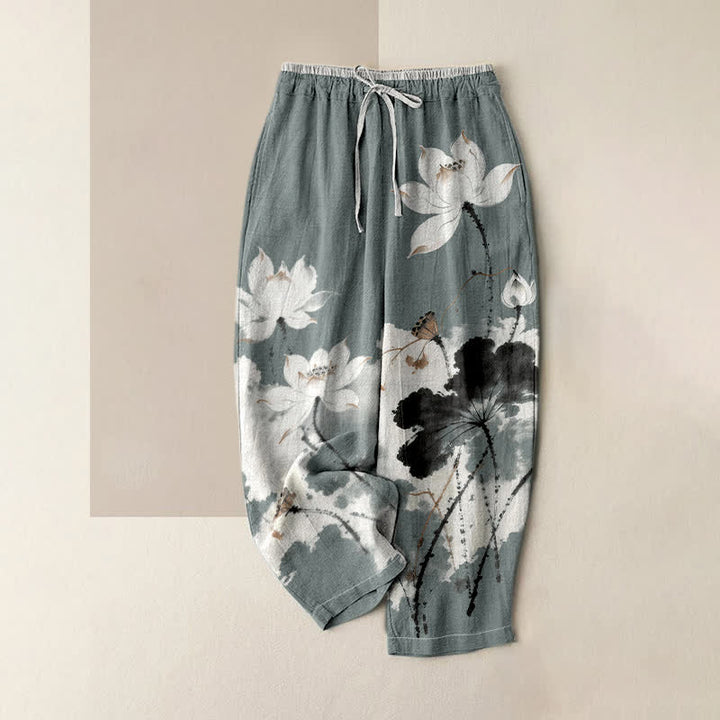 Buddha Stones Damenhose aus reiner Baumwolle mit Lotusmuster, elastischem Bund und Taschen - Hellschiefergrau - US16, UK/AU20, EU48 (3XL) - image 0