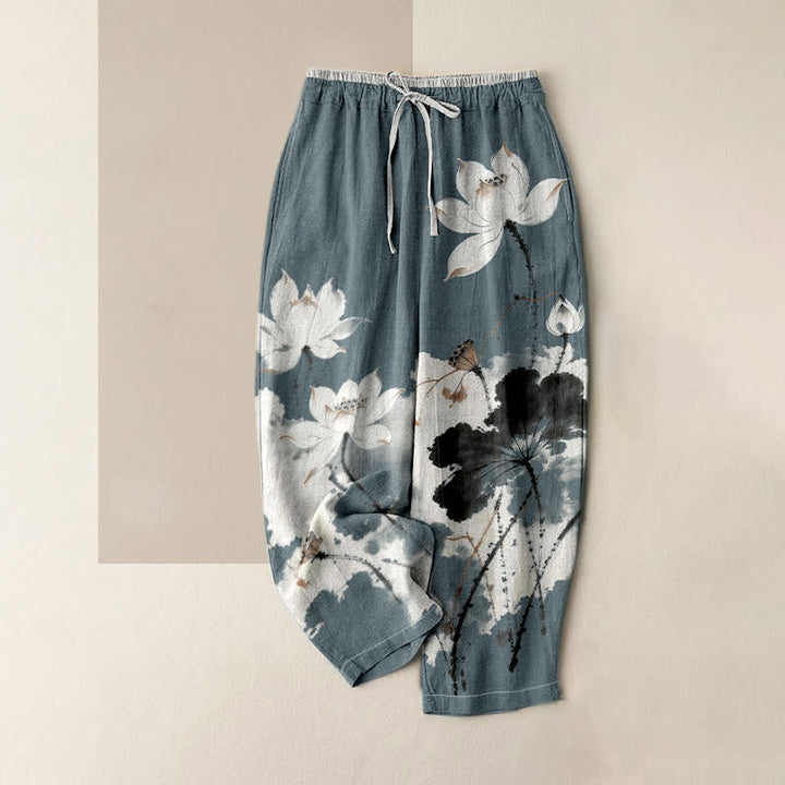 Buddha Stones Damenhose aus reiner Baumwolle mit Lotusmuster, elastischem Bund und Taschen - Kadettenblau - US16, UK/AU20, EU48 (3XL) - image 3