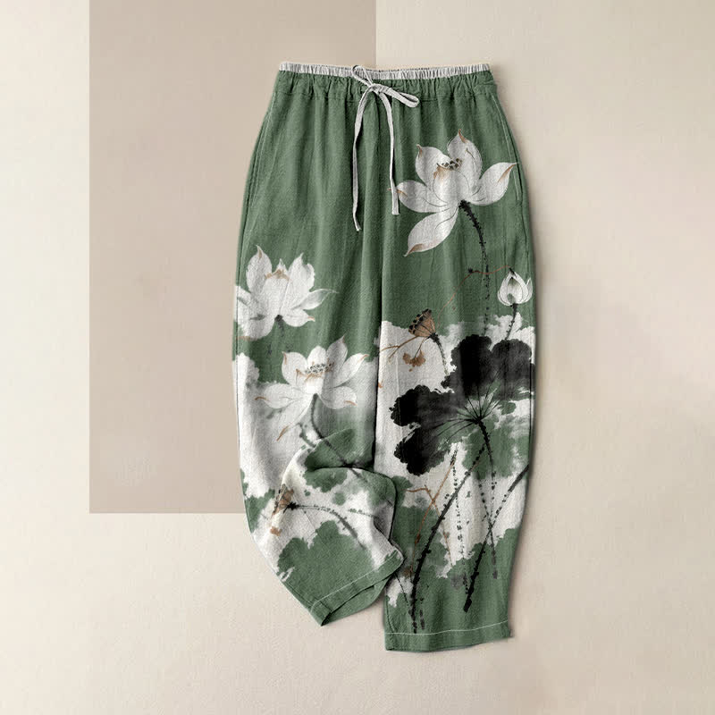 Buddha Stones Damenhose aus reiner Baumwolle mit Lotusmuster, elastischem Bund und Taschen - Mittelseegrün - US16, UK/AU20, EU48 (3XL) - image 4