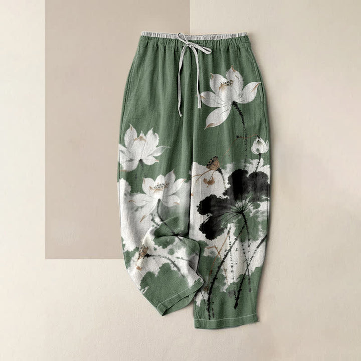 Buddha Stones Damenhose aus reiner Baumwolle mit Lotusmuster, elastischem Bund und Taschen - Mittelseegrün - US16, UK/AU20, EU48 (3XL) - image 4