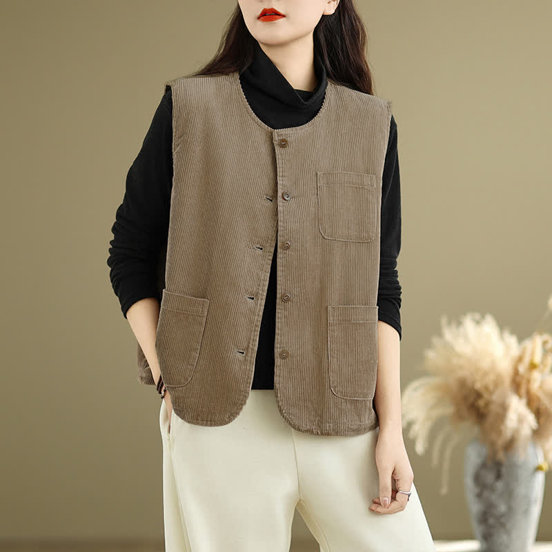 Buddha Stones Lässiges Vintage-Tanktop mit Knopfleiste für Herbst und Winter, Cordweste für Damen mit Taschen - image 1
