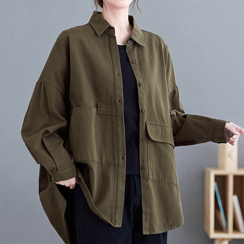 Buddha Stones Basic-Damenjacke aus einfarbiger Baumwolle mit Taschen, Knopfleiste und Taschen für Frühling und Herbst - image 1