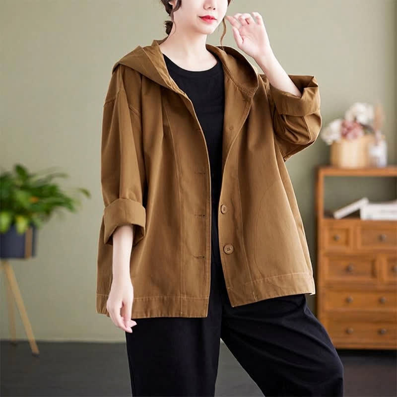Buddha Stones Lässige, minimalistische Damenjacke mit Kapuze, Knöpfen und Taschen für Frühling und Herbst - Peru - US 8-10, UK/AU 12-14, EU 40-42 (2XL) - image 0