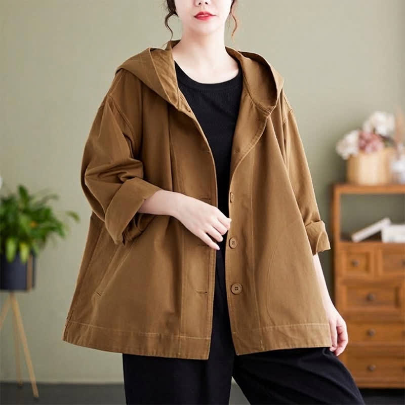 Buddha Stones Lässige, minimalistische Damenjacke mit Kapuze, Knöpfen und Taschen für Frühling und Herbst - image 1