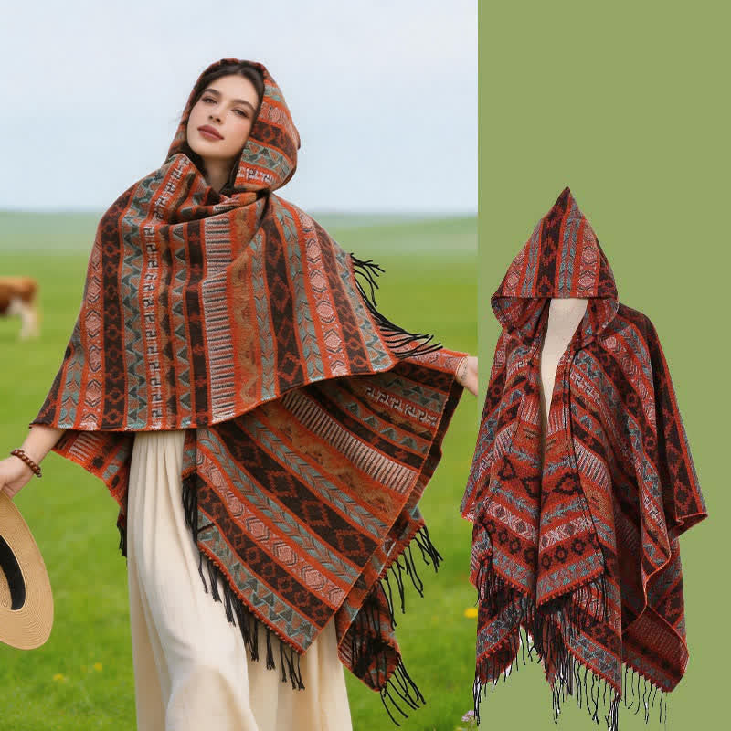 Buddha Stones Herbst/Winter Kapuzenponcho mit geometrischen Streifen und Quasten, Damenschal - image 1