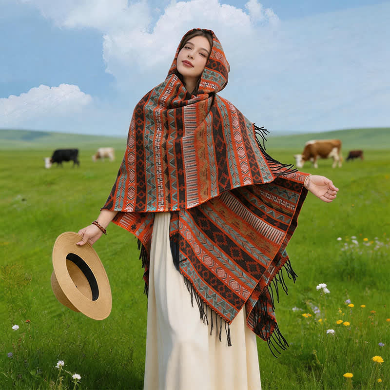 Buddha Stones Herbst/Winter Kapuzenponcho mit geometrischen Streifen und Quasten, Damenschal - Orange - 140 x 159 cm - image 0