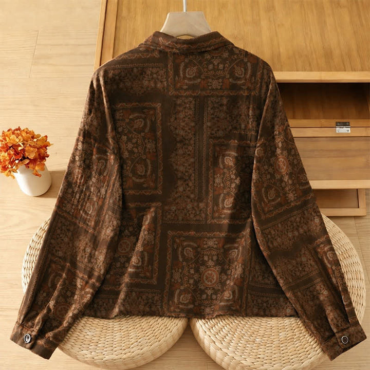 Buddha Stones Herbstliche Vintage-Boho-Damenbluse mit Knopfleiste, abstraktem Muster, langen Ärmeln und Taschen - image 1