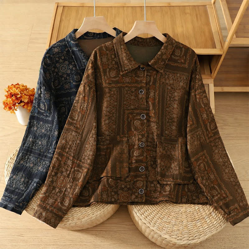 Buddha Stones Herbstliche Vintage-Boho-Damenbluse mit Knopfleiste, abstraktem Muster, langen Ärmeln und Taschen - image 11
