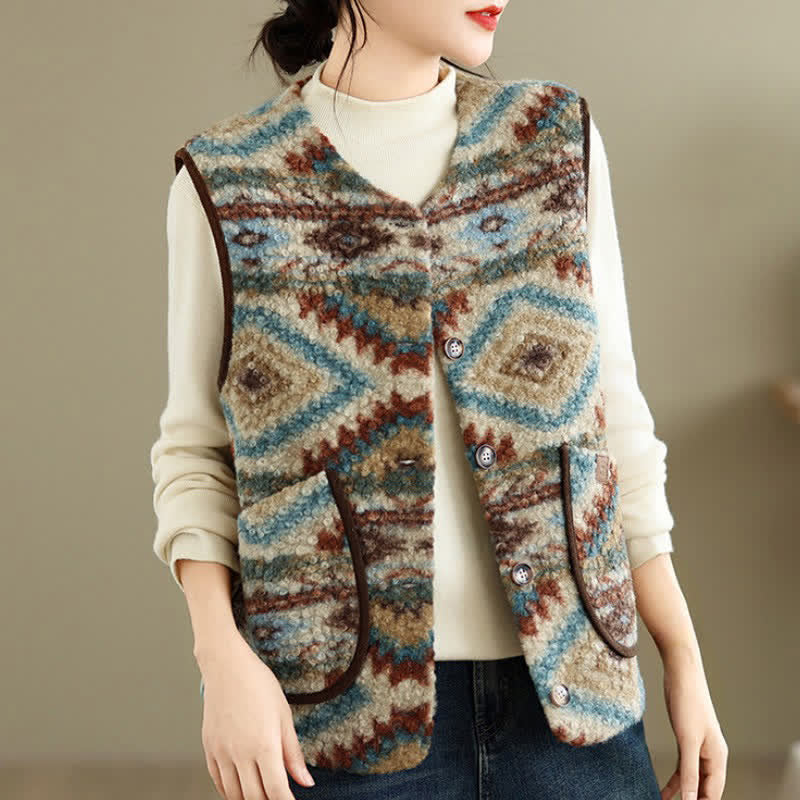 Buddha Stones Lässiges Vintage-Tanktop mit Knopfleiste, geometrischem Muster und Tasche für Damen – perfekt für Herbst und Winter. - image 1
