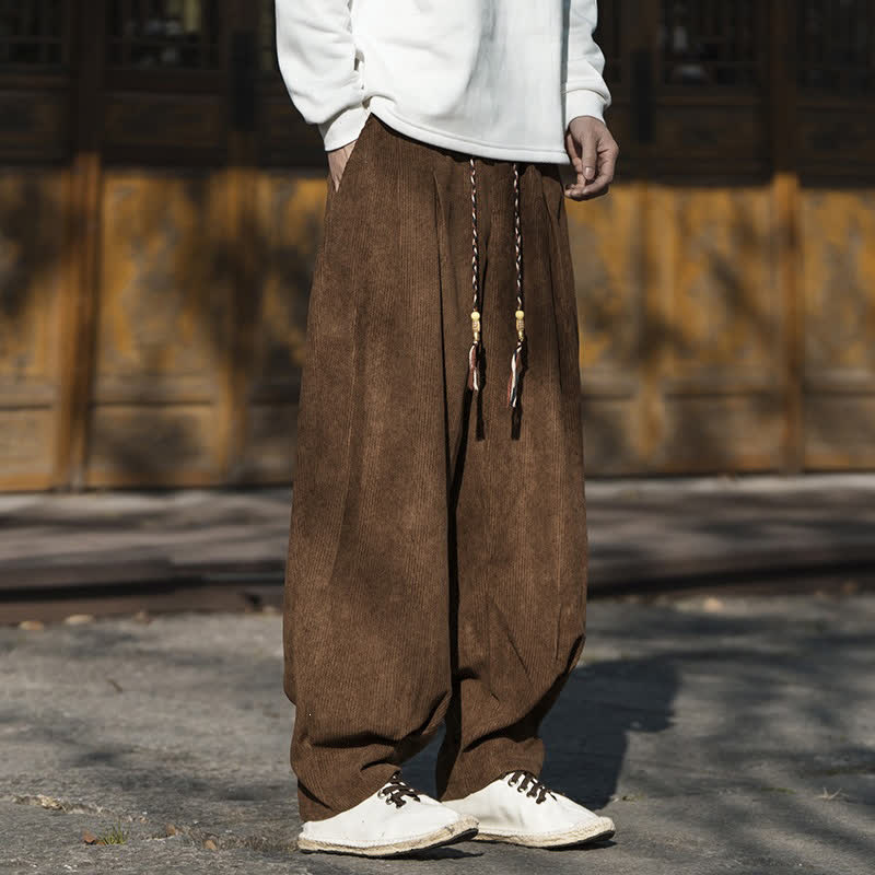 Buddha Stones Lässige Retro-Cordhose für Herren – Herbst/Winter, knöchelhoch, mit Kordelzug, weitem Bein und Tasche - Sattelbraun - US/UK/AU46, EU56 (5XL) - image 0