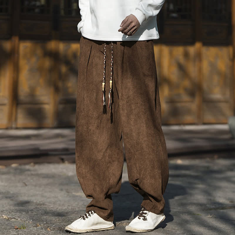 Buddha Stones Lässige Retro-Cordhose für Herren – Herbst/Winter, knöchelhoch, mit Kordelzug, weitem Bein und Tasche - image 1