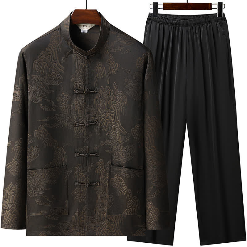 Buddha Stones 2-teiliges Meditationstuch für Herren im klassischen Mandarin-Kragen-Stil mit Wolkenmuster und Taschen, Frühling/Herbst - Sattelbraun - US/UK/AU46, EU56 (5XL) - image 0