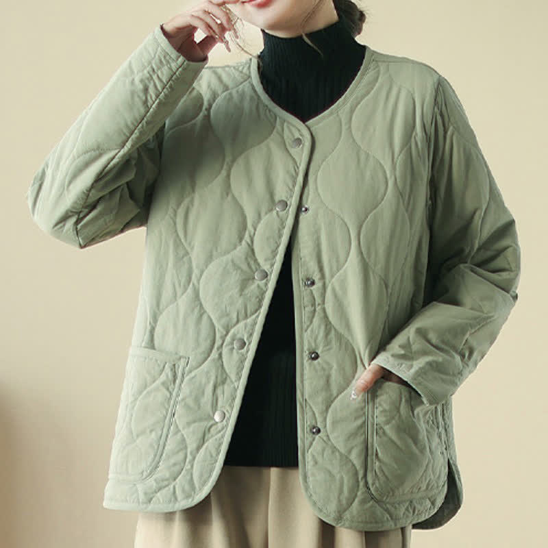 Buddha Stones Lässige, minimalistische Damenjacke für Herbst und Winter mit Knopfleiste, geometrischen, geschwungenen Linien und Taschen - image 1