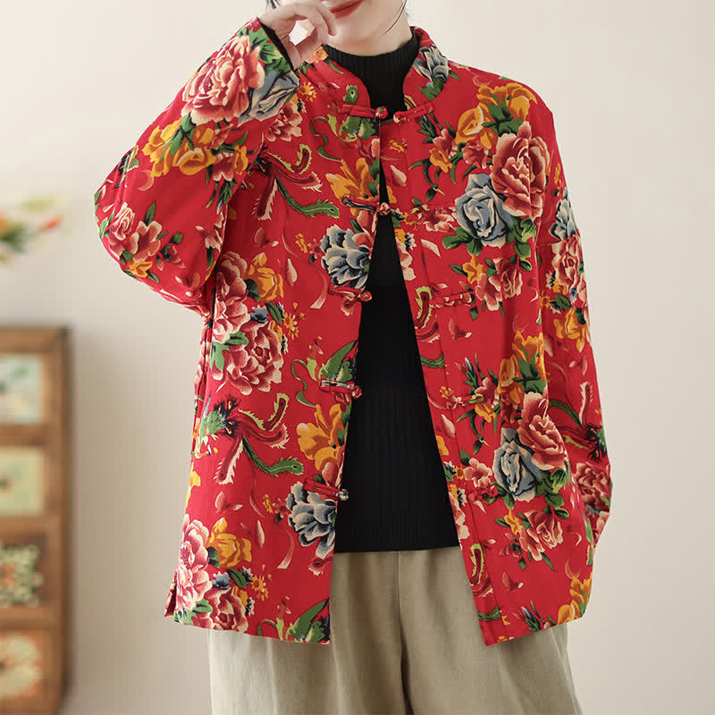 Buddha Stones Winterliche Vintage-Damenjacke im Tang-Stil mit Froschknopfleiste, Pfingstrosenmuster und Taschen - image 1