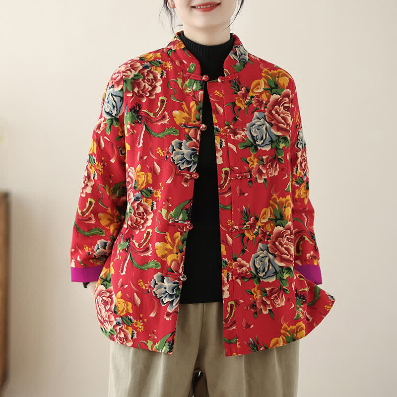 Buddha Stones Winterliche Vintage-Damenjacke im Tang-Stil mit Froschknopfleiste, Pfingstrosenmuster und Taschen - Purpurrot - US14, UK/AU18, EU46 (2XL) - image 0
