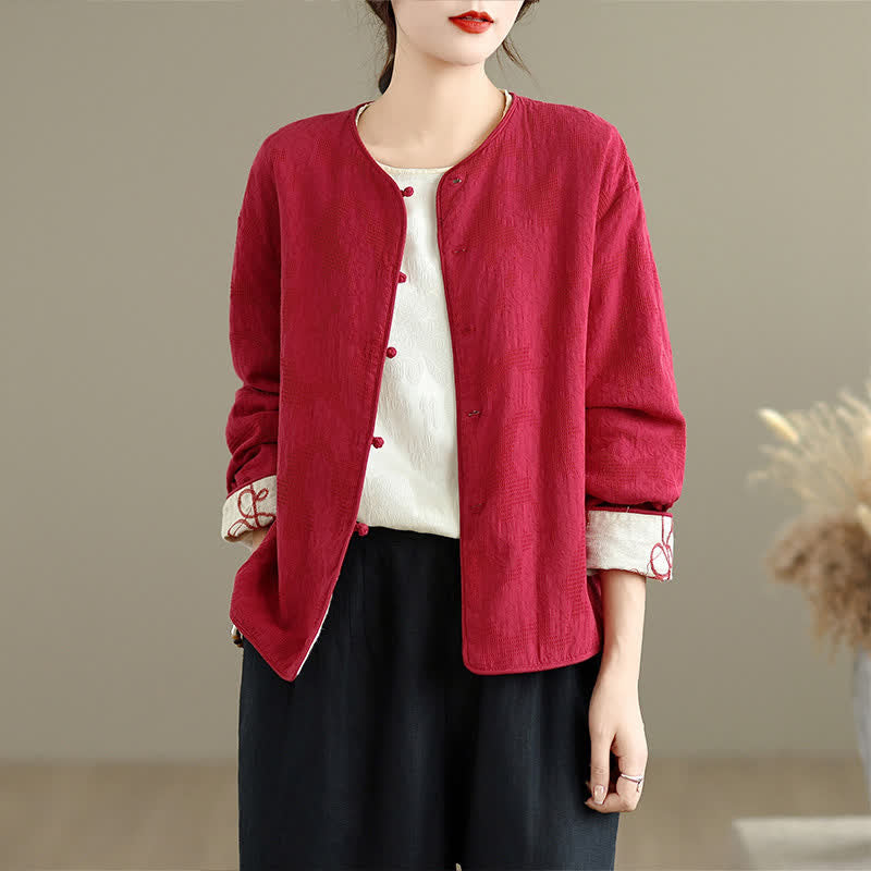 Buddha Stones Vintage-Damenjacke im Tang-Stil für Herbst und Winter mit Stickerei, Froschknöpfen, floralem, wendbarem Design und kurzem Schnitt - image 1
