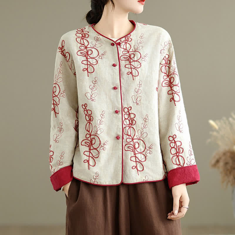 Buddha Stones Vintage-Damenjacke im Tang-Stil für Herbst und Winter mit Stickerei, Froschknöpfen, floralem, wendbarem Design und kurzem Schnitt - Leinen - US8-10, UK/AU12-14, EU40-42 (2XL) - image 0