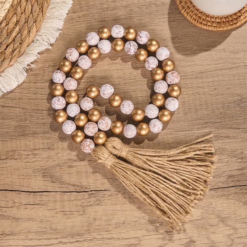Buddha Stones Runde Holzperlengirlande in Antikweiß und Gold, für ein bewusstes Wohnen - Holz - image 0