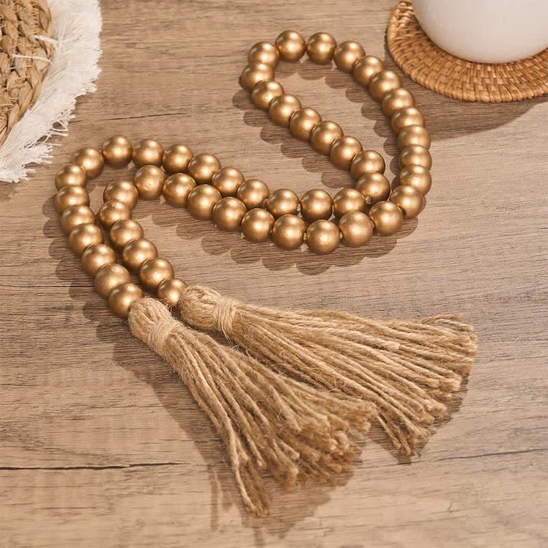 Buddha Stones Rustikale goldene Holzperlengirlande mit Quasten, Mindful Living Decor - image 1