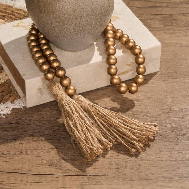 Buddha Stones Rustikale goldene Holzperlengirlande mit Quasten, Mindful Living Decor - image 3