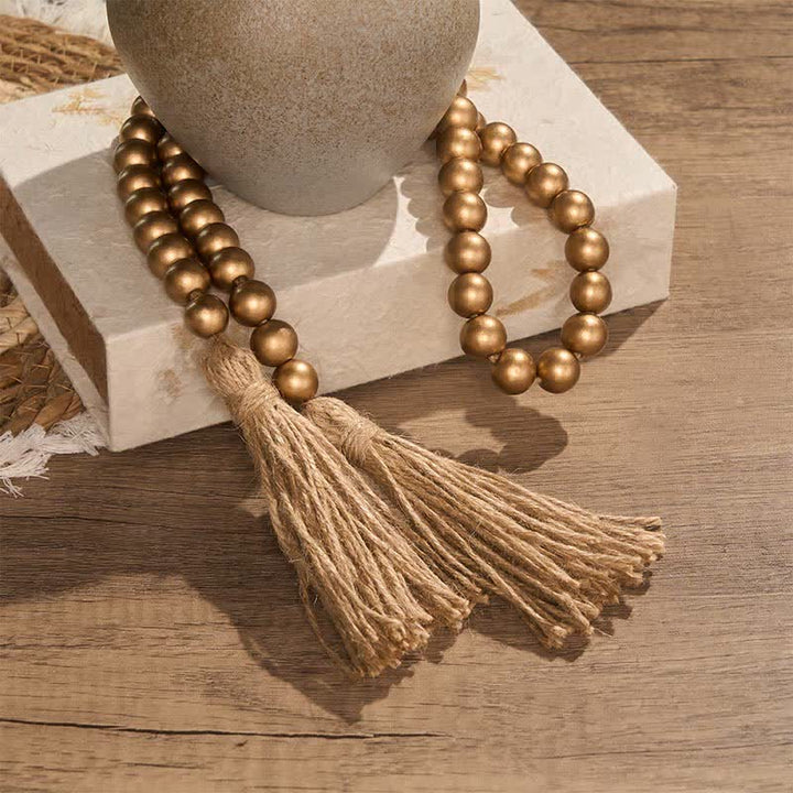 Buddha Stones Rustikale goldene Holzperlengirlande mit Quasten, Mindful Living Decor - image 3