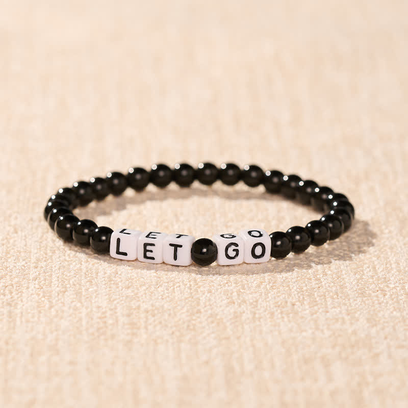 Buddha Stones Schwarzes Obsidian-Armband mit der Aufschrift „LET GO“ und Perlen - image 1