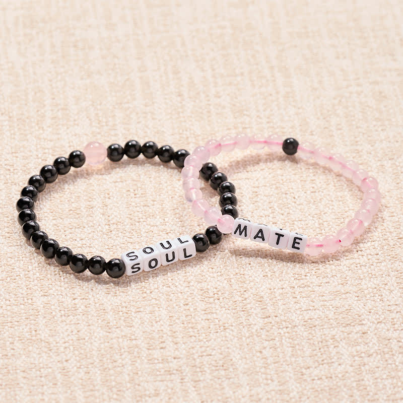 Buddha Stones Armband aus schwarzem Obsidian und Rosenquarz mit den Buchstaben „Seele“ und „Partner“ für Paare - image 0