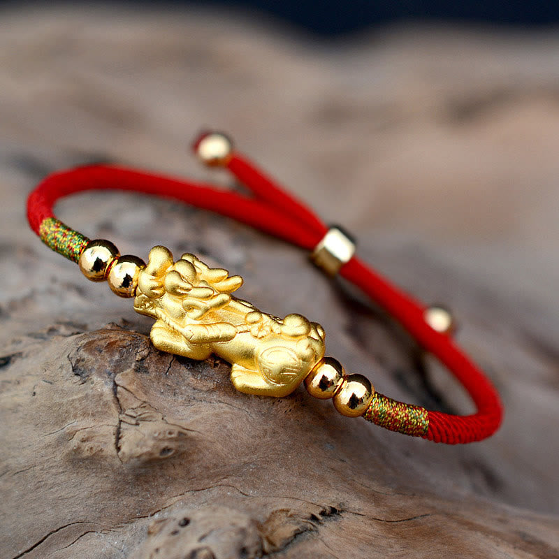Buddha Stones 24K vergoldetes PiXiu Luck Red String Armband - Rotes Band (Gold) (Handgelenkumfang 12-19 cm) - 999 Sterlingsilber - image 0